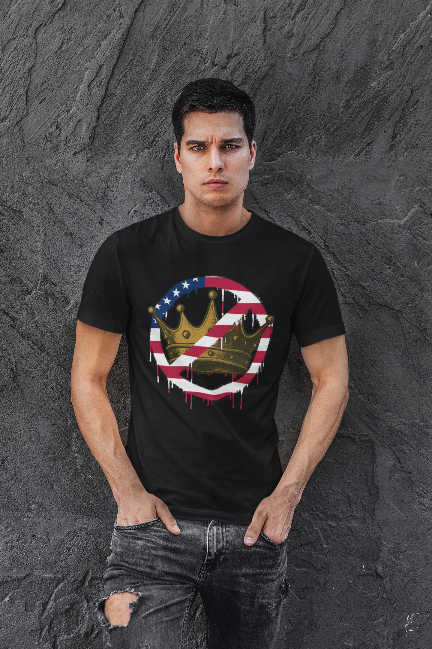 No Kings Protest T-Shirt – Anti-Authoritarian Democracy Graphic Tee shown on man in black shirt with grunge wall background, featuring crown with U.S. flag and strike-through