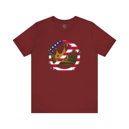 No Kings Protest T-Shirt – Anti-Authoritarian Democracy Graphic Tee in deep cardinal red with dripping American flag crown graphic