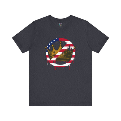 No Kings Protest T-Shirt – Anti-Authoritarian Democracy Graphic Tee in soft heather navy with American flag crown illustration