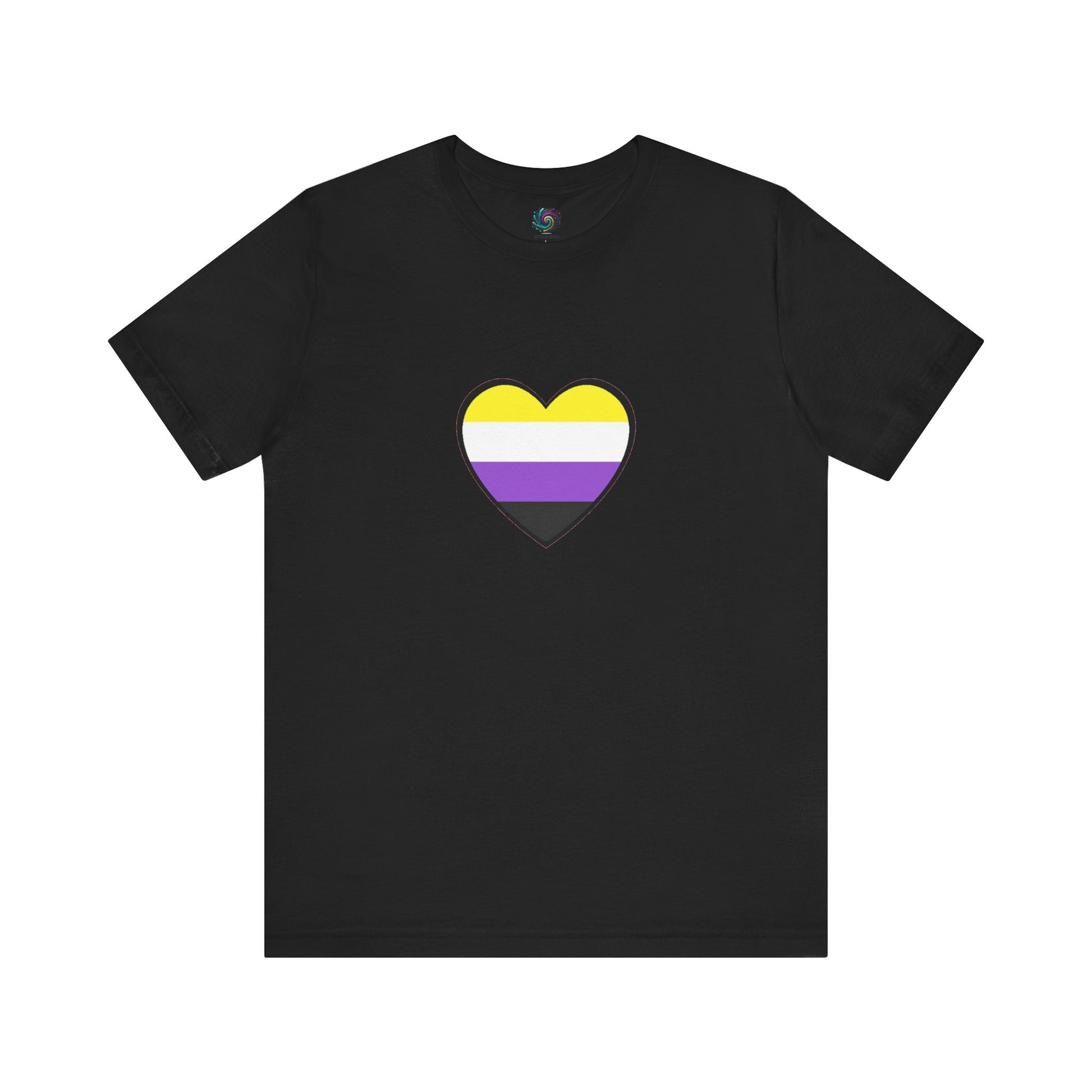 Nonbinary Pride Flag Heart T-Shirt – LGBTQ+ Nonbinary Flag Graphic Tee in black, bold contrast makes the nonbinary flag heart pop, perfect for gender identity expression.