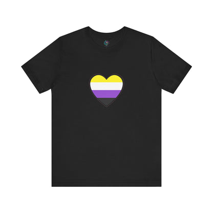 Nonbinary Pride Flag Heart T-Shirt – LGBTQ+ Nonbinary Flag Graphic Tee in black, bold contrast makes the nonbinary flag heart pop, perfect for gender identity expression.