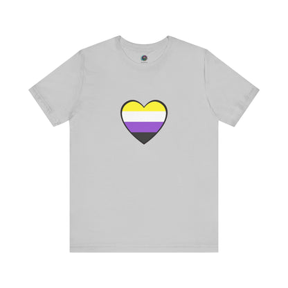 Nonbinary Heart Tee – Unisex Shirt with Nonbinary Pride Flag in gray flat lay featuring yellow, white, purple, and black stripes