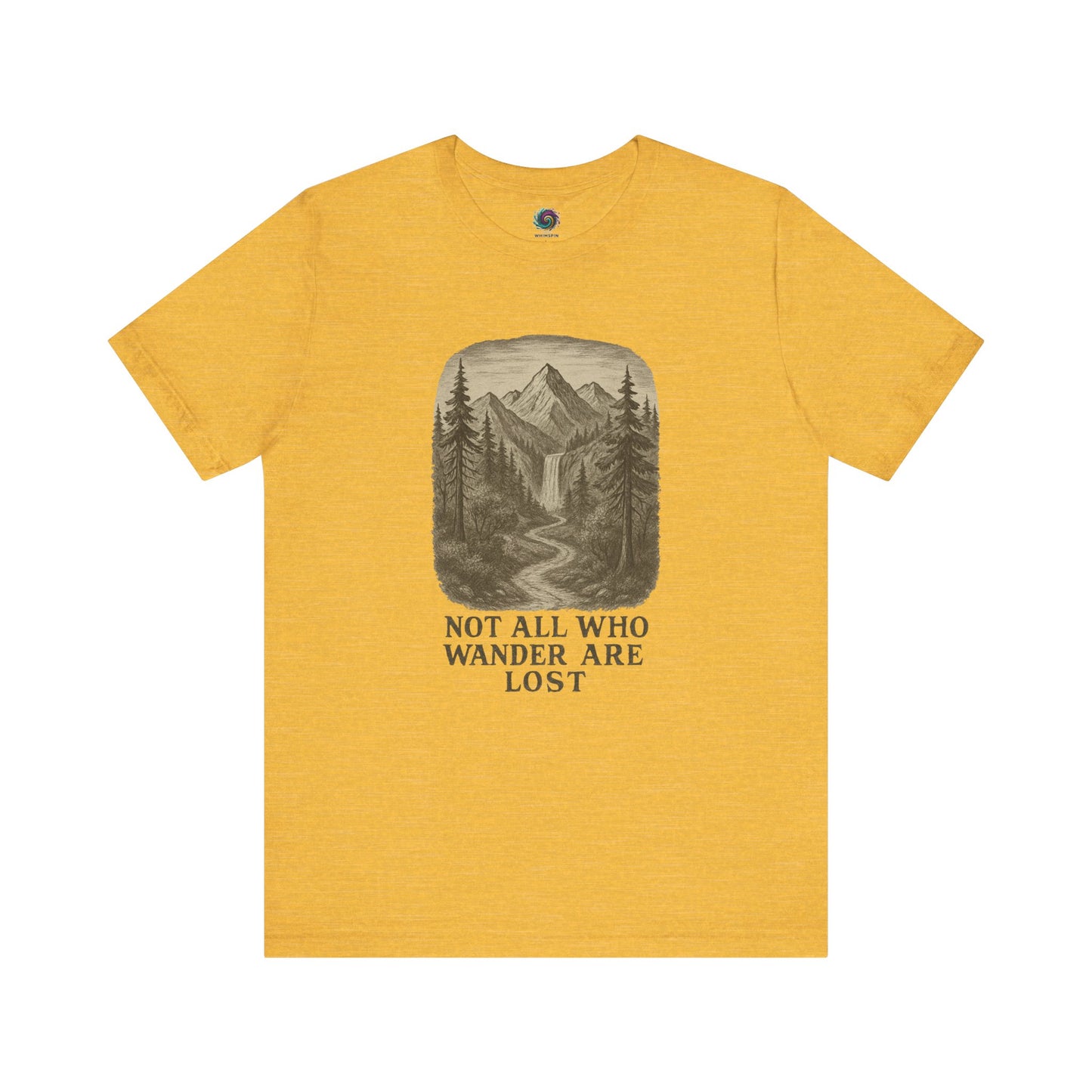 Heather yellow gold “Not All Who Wander Are Lost T-Shirt – Tolkien Travel Tee for Nature Lovers” with vintage mountain landscape print
