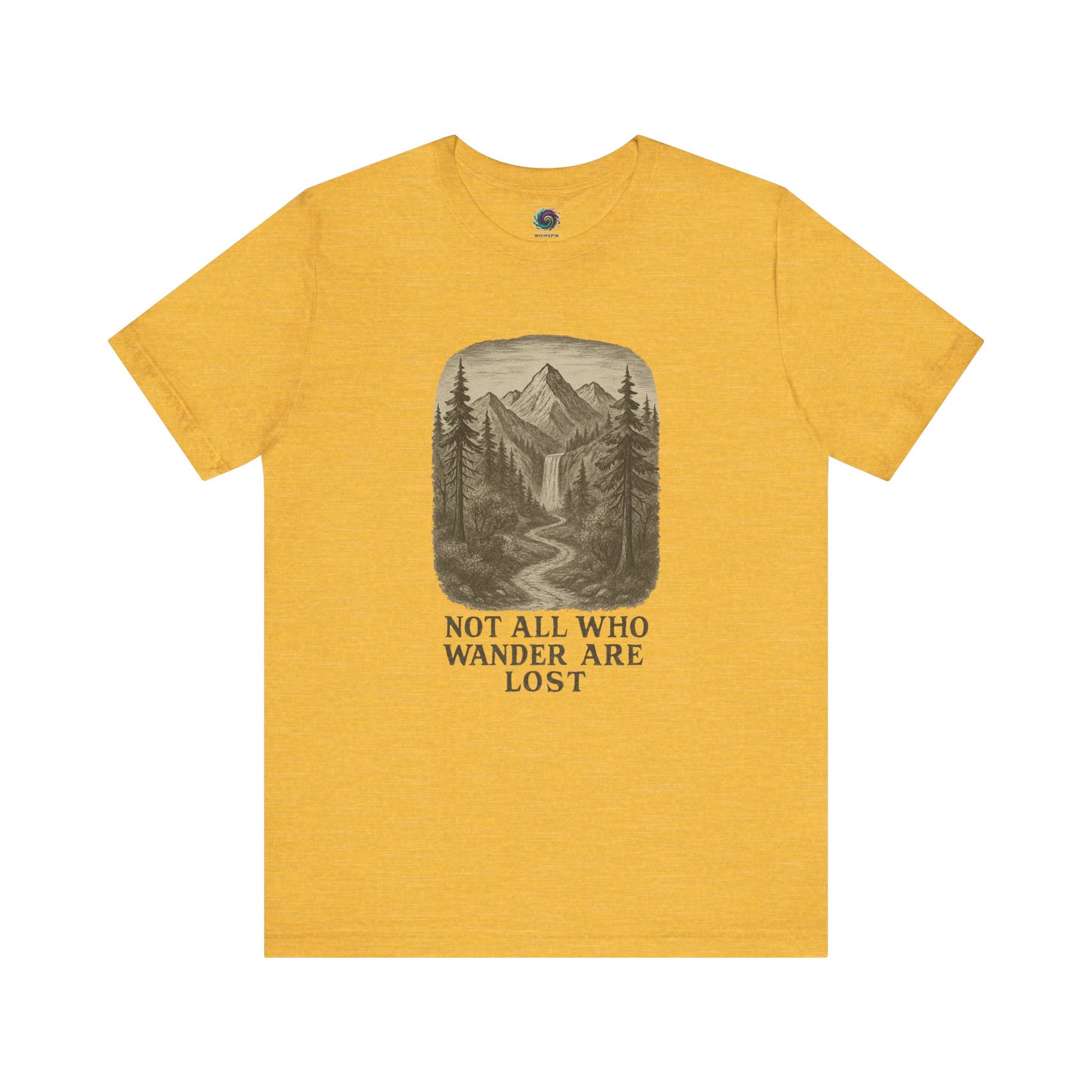 Heather yellow gold “Not All Who Wander Are Lost T-Shirt – Tolkien Travel Tee for Nature Lovers” with vintage mountain landscape print