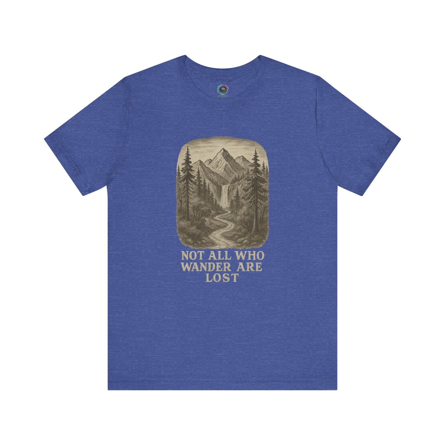 Heather true royal “Not All Who Wander Are Lost T-Shirt – Tolkien Travel Tee for Nature Lovers” with forest scene and winding path