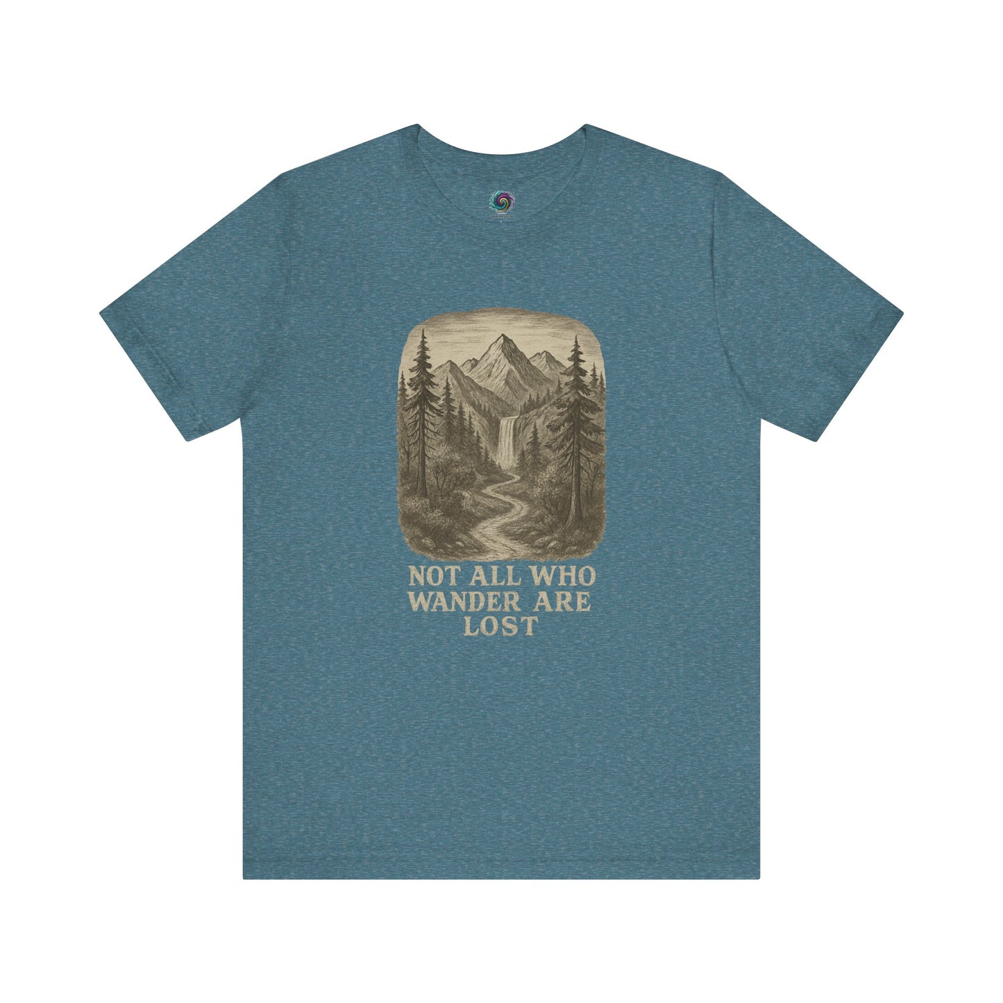 Heather deep teal “Not All Who Wander Are Lost T-Shirt – Tolkien Travel Tee for Nature Lovers” with outdoorsy mountain and waterfall illustration