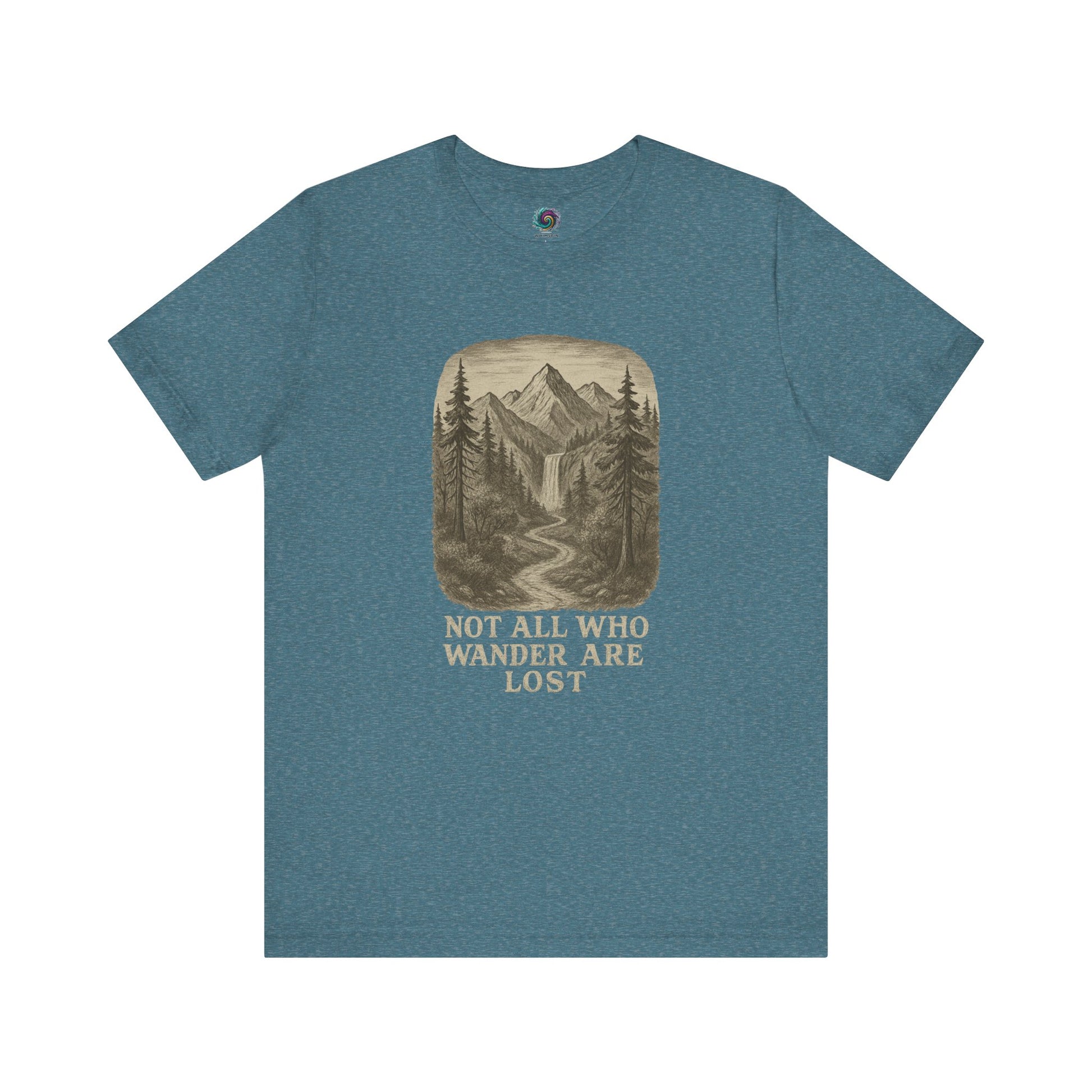 Heather deep teal “Not All Who Wander Are Lost T-Shirt – Tolkien Travel Tee for Nature Lovers” with outdoorsy mountain and waterfall illustration