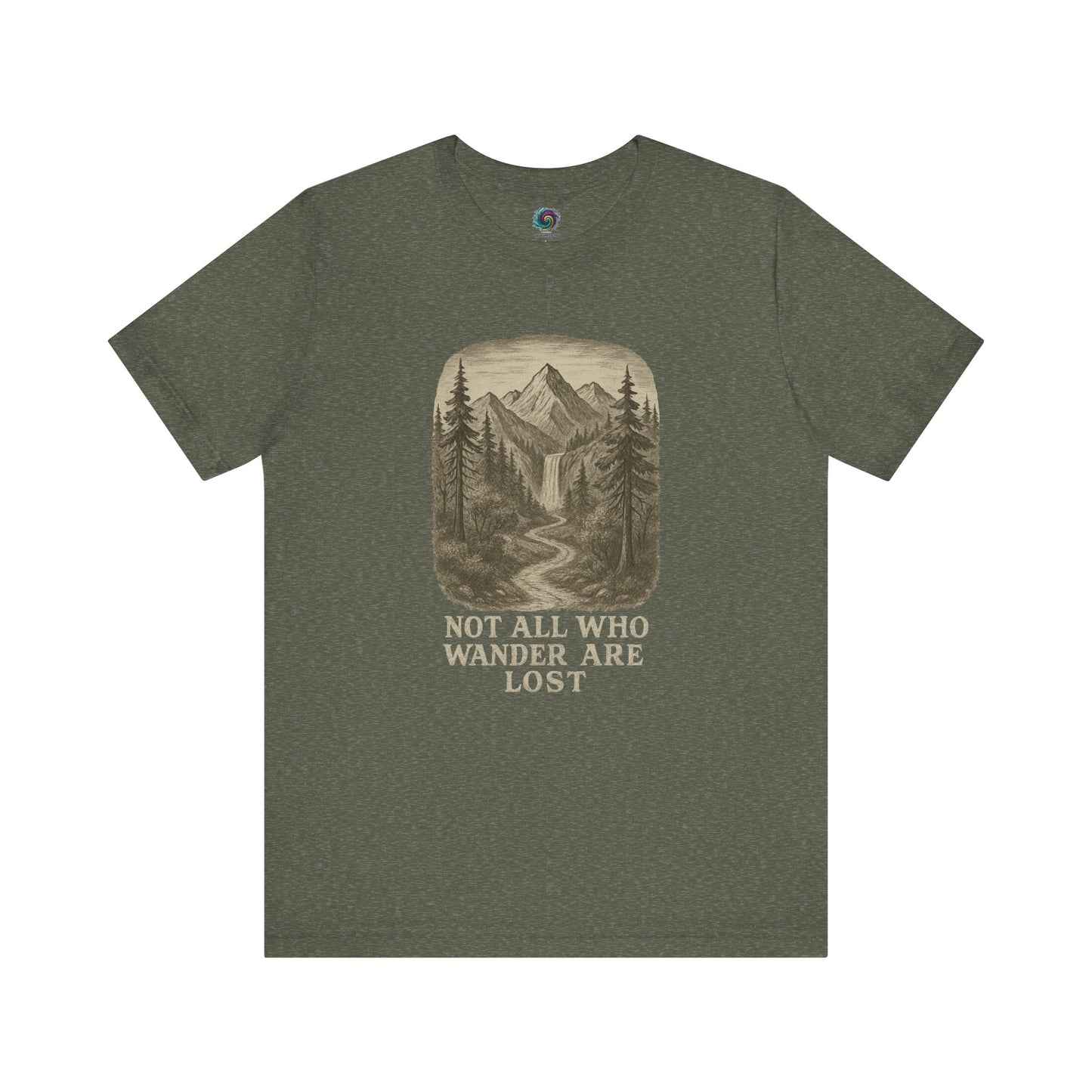 Heather military green “Not All Who Wander Are Lost T-Shirt – Tolkien Travel Tee for Nature Lovers” with mountain and trees graphic in sepia tone