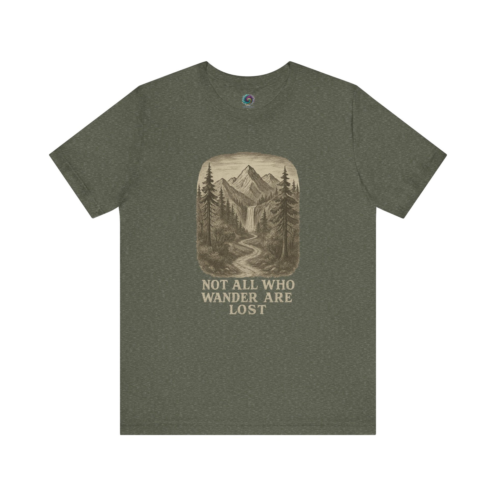 Heather military green “Not All Who Wander Are Lost T-Shirt – Tolkien Travel Tee for Nature Lovers” with mountain and trees graphic in sepia tone