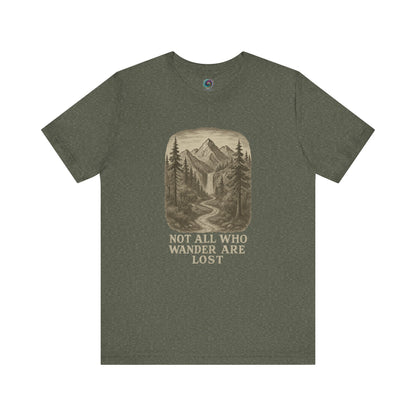 Heather military green “Not All Who Wander Are Lost T-Shirt – Tolkien Travel Tee for Nature Lovers” with mountain and trees graphic in sepia tone