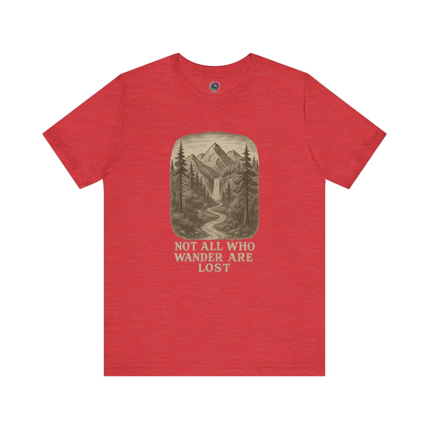 Heather red “Not All Who Wander Are Lost T-Shirt – Tolkien Travel Tee for Nature Lovers” with hand-drawn style hiking trail and trees