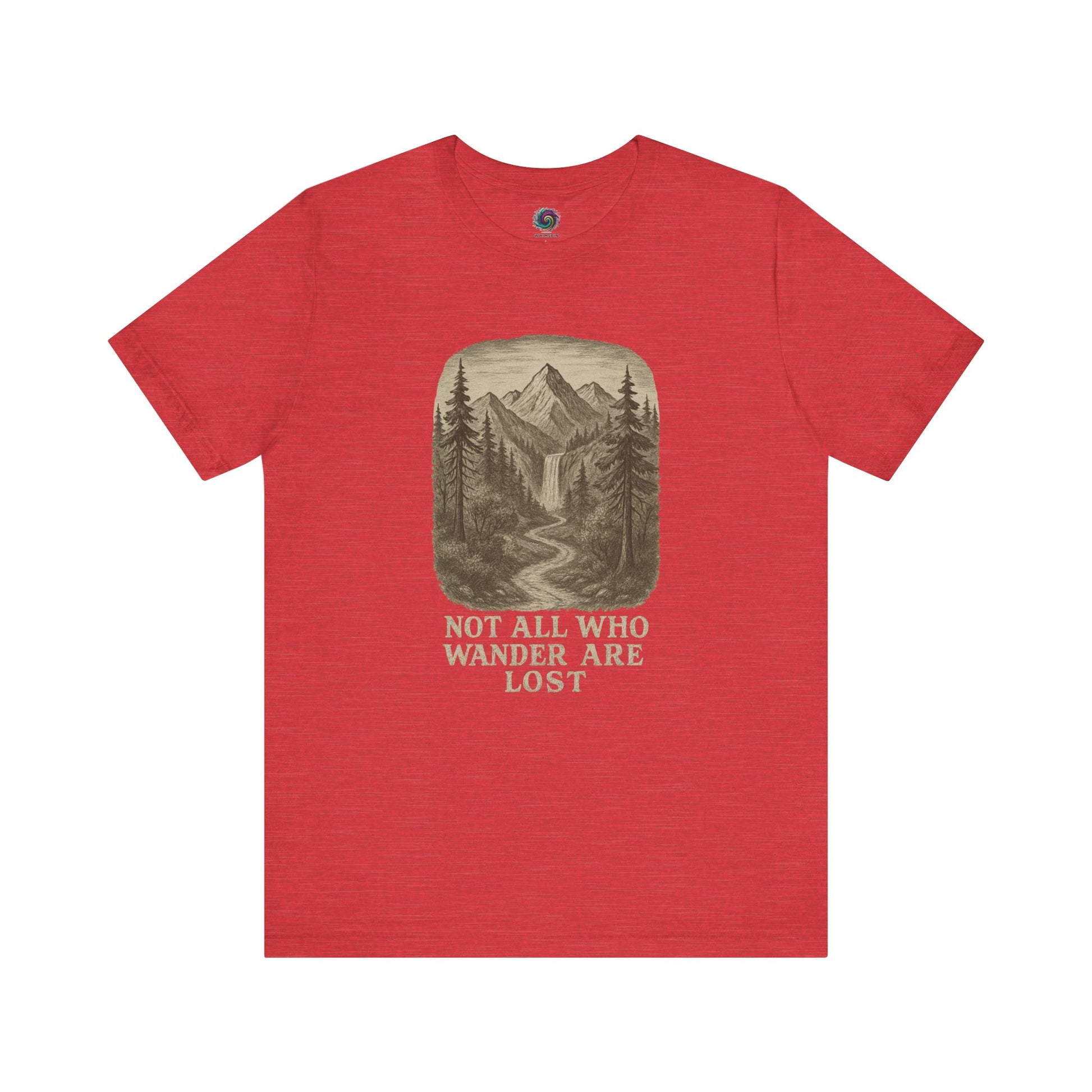 Heather red “Not All Who Wander Are Lost T-Shirt – Tolkien Travel Tee for Nature Lovers” with hand-drawn style hiking trail and trees