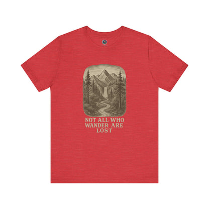 Heather red “Not All Who Wander Are Lost T-Shirt – Tolkien Travel Tee for Nature Lovers” with hand-drawn style hiking trail and trees
