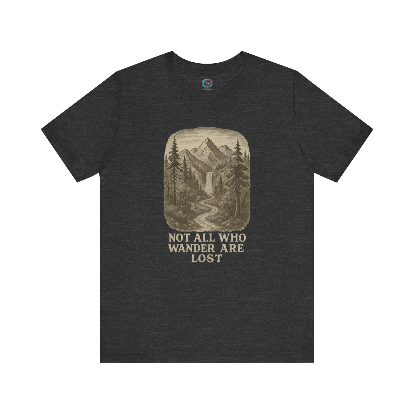 Dark grey heather “Not All Who Wander Are Lost T-Shirt – Tolkien Travel Tee for Nature Lovers” with sketch-style forest and mountain print