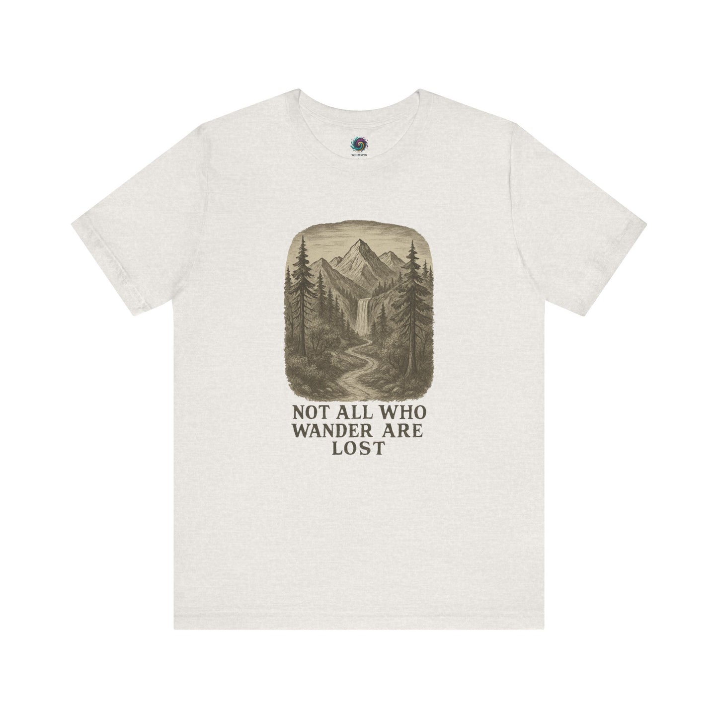Heather cement “Not All Who Wander Are Lost T-Shirt – Tolkien Travel Tee for Nature Lovers” with outdoor hiking trail and waterfall design