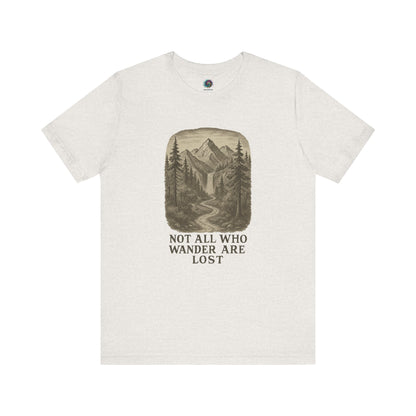 Heather cement “Not All Who Wander Are Lost T-Shirt – Tolkien Travel Tee for Nature Lovers” with outdoor hiking trail and waterfall design