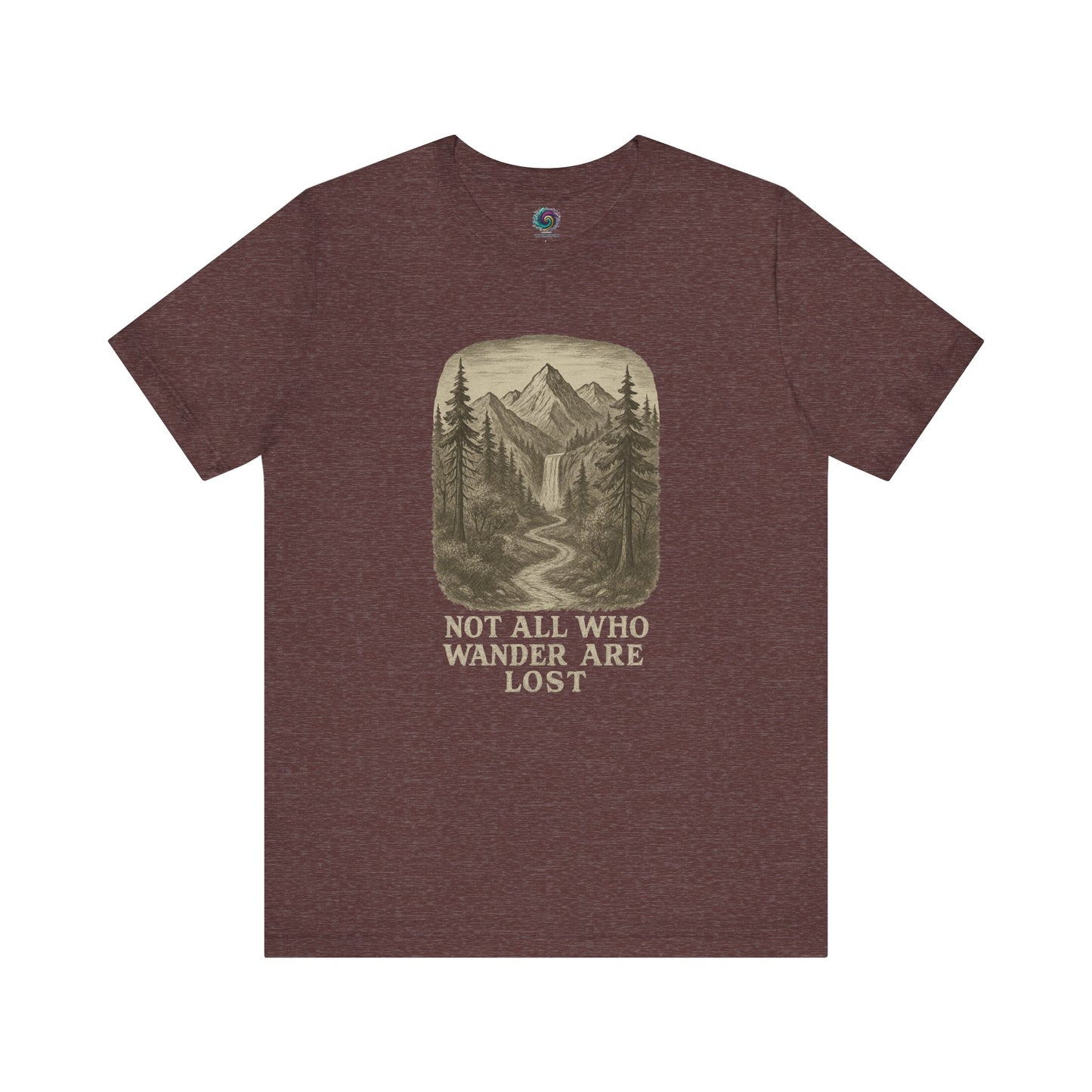 Heather maroon “Not All Who Wander Are Lost T-Shirt – Tolkien Travel Tee for Nature Lovers” with wilderness artwork and river path