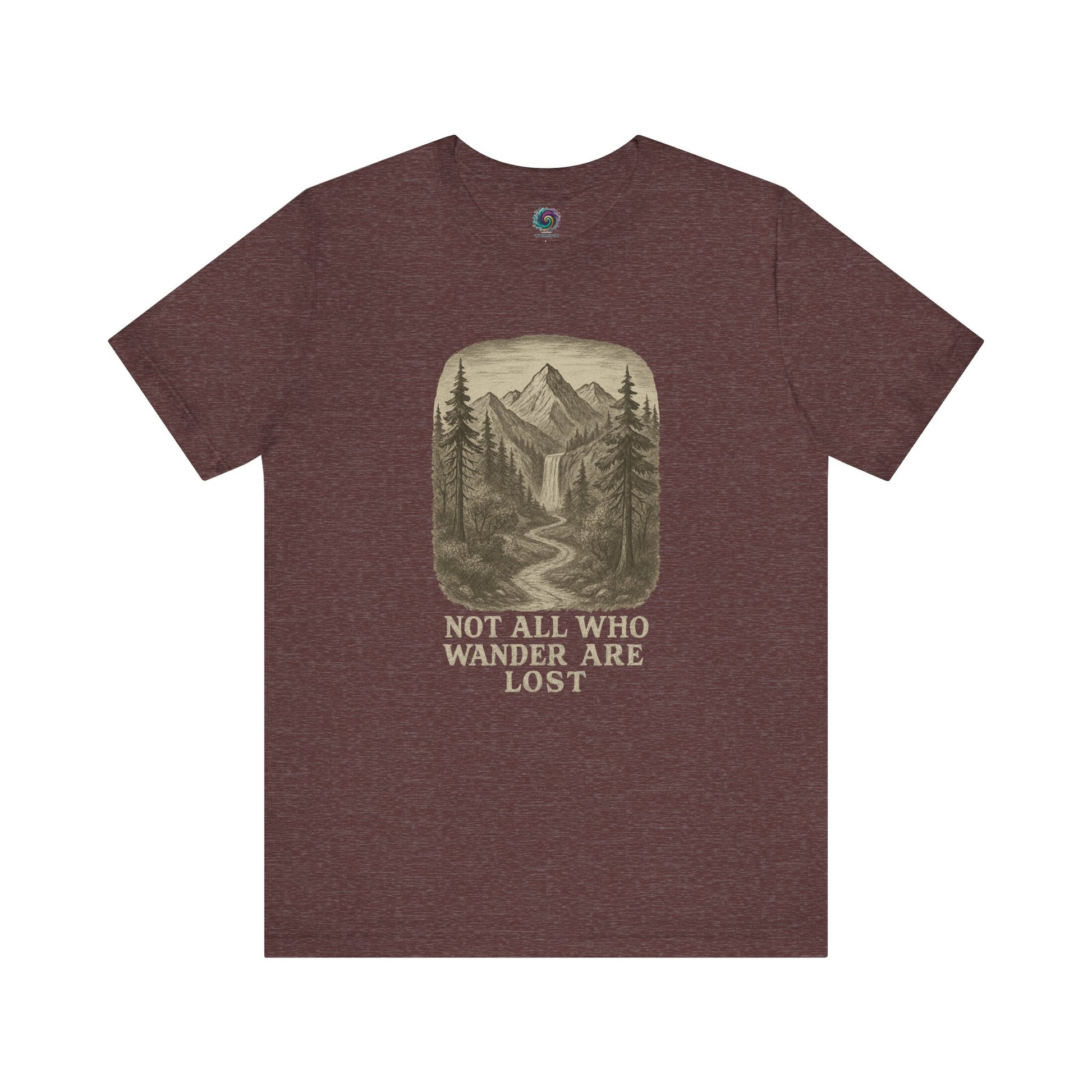 Heather maroon “Not All Who Wander Are Lost T-Shirt – Tolkien Travel Tee for Nature Lovers” with wilderness artwork and river path