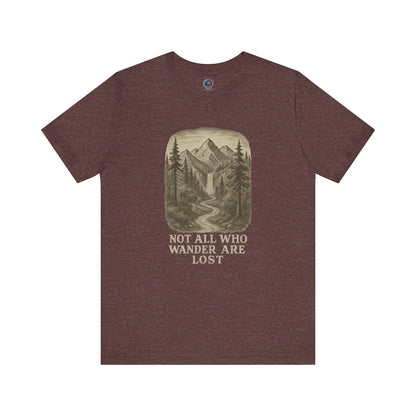 Heather maroon “Not All Who Wander Are Lost T-Shirt – Tolkien Travel Tee for Nature Lovers” with wilderness artwork and river path