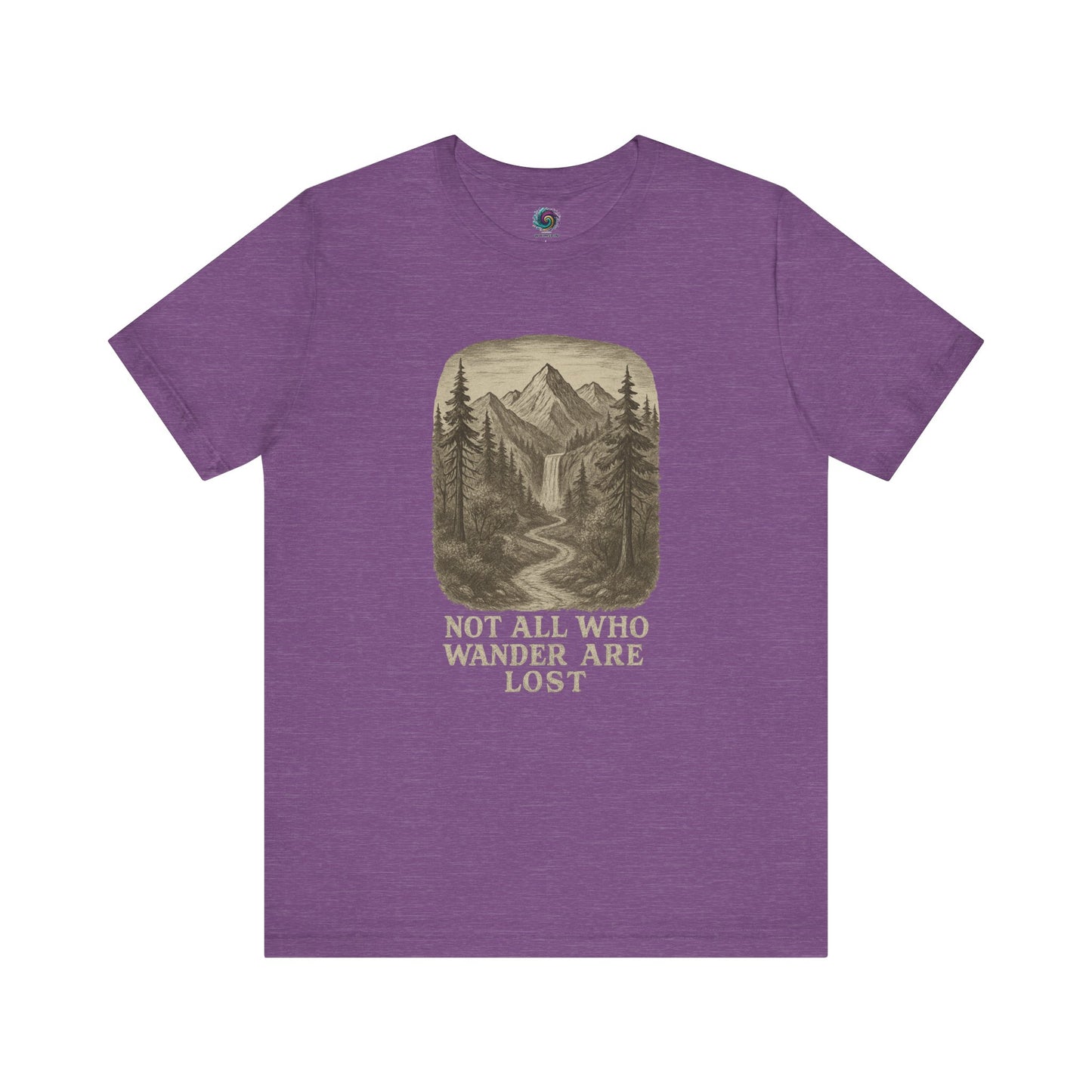 Heather team purple “Not All Who Wander Are Lost T-Shirt – Tolkien Travel Tee for Nature Lovers” with sketched pine trees and mountain art