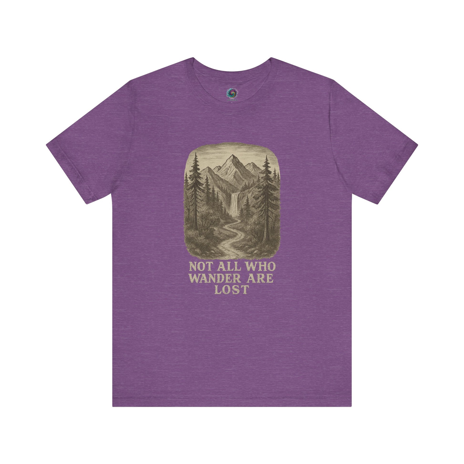 Heather team purple “Not All Who Wander Are Lost T-Shirt – Tolkien Travel Tee for Nature Lovers” with sketched pine trees and mountain art