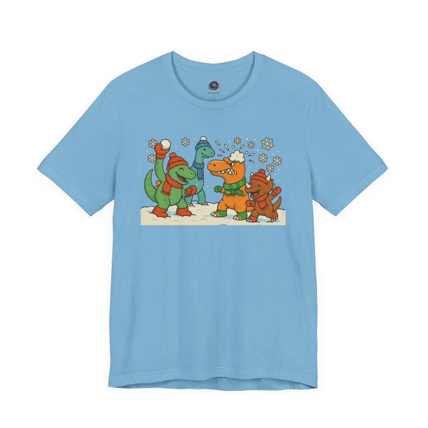the Dinosaur Snowball Fight T-Shirt – Funny Winter Dino Graphic Tee in Ocean Blue, displaying the cheerful dinosaur snow battle illustration.