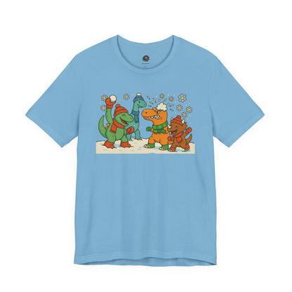 the Dinosaur Snowball Fight T-Shirt – Funny Winter Dino Graphic Tee in Ocean Blue, displaying the cheerful dinosaur snow battle illustration.