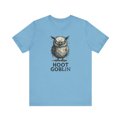 Ocean Blue cute owl shirt with a graphic and 'Hoot Goblin' text on a white background