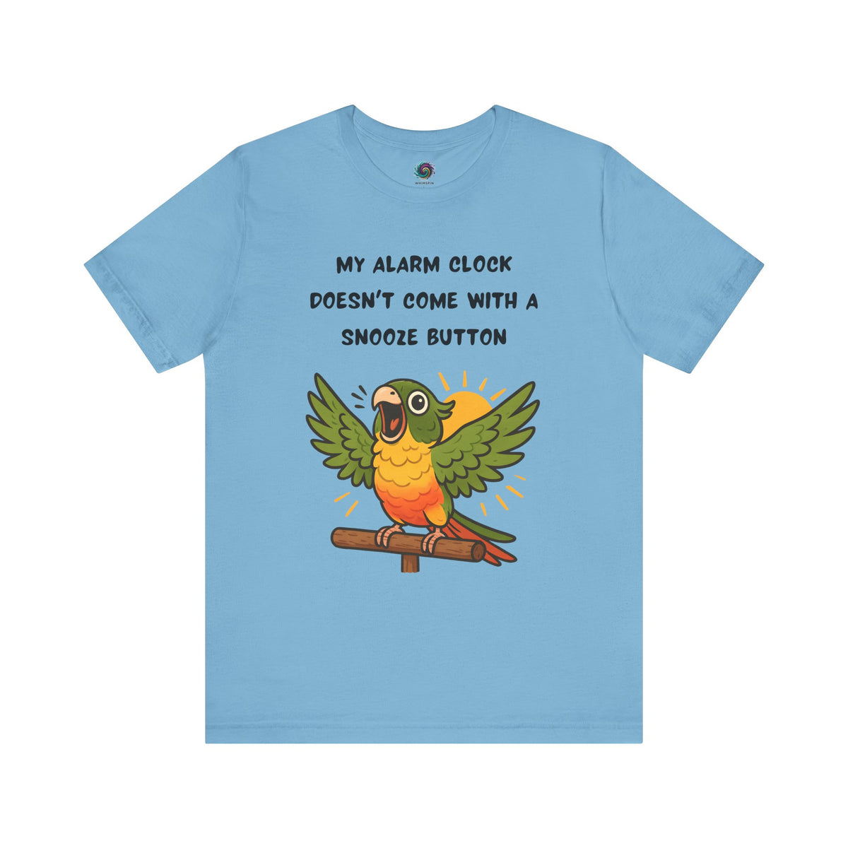 Parrot Alarm Clock T-Shirt – Funny Parrot Wake-Up Call Tee in Ocean Blue, showing the dynamic parrot artwork, vibrant colors, and bold wake-up call message across the front.