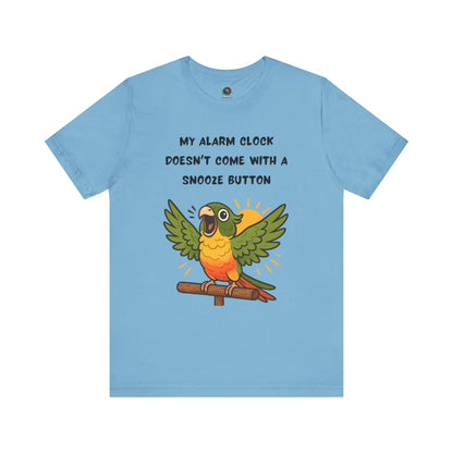 Parrot Alarm Clock T-Shirt – Funny Parrot Wake-Up Call Tee in Ocean Blue, showing the dynamic parrot artwork, vibrant colors, and bold wake-up call message across the front.
