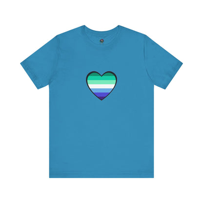 Gay Men's Pride Flag Heart T-Shirt – LGBTQ+ Flag Design on Unisex Tee in ocean blue, displaying a bright gay flag heart in shades of blue and green.
