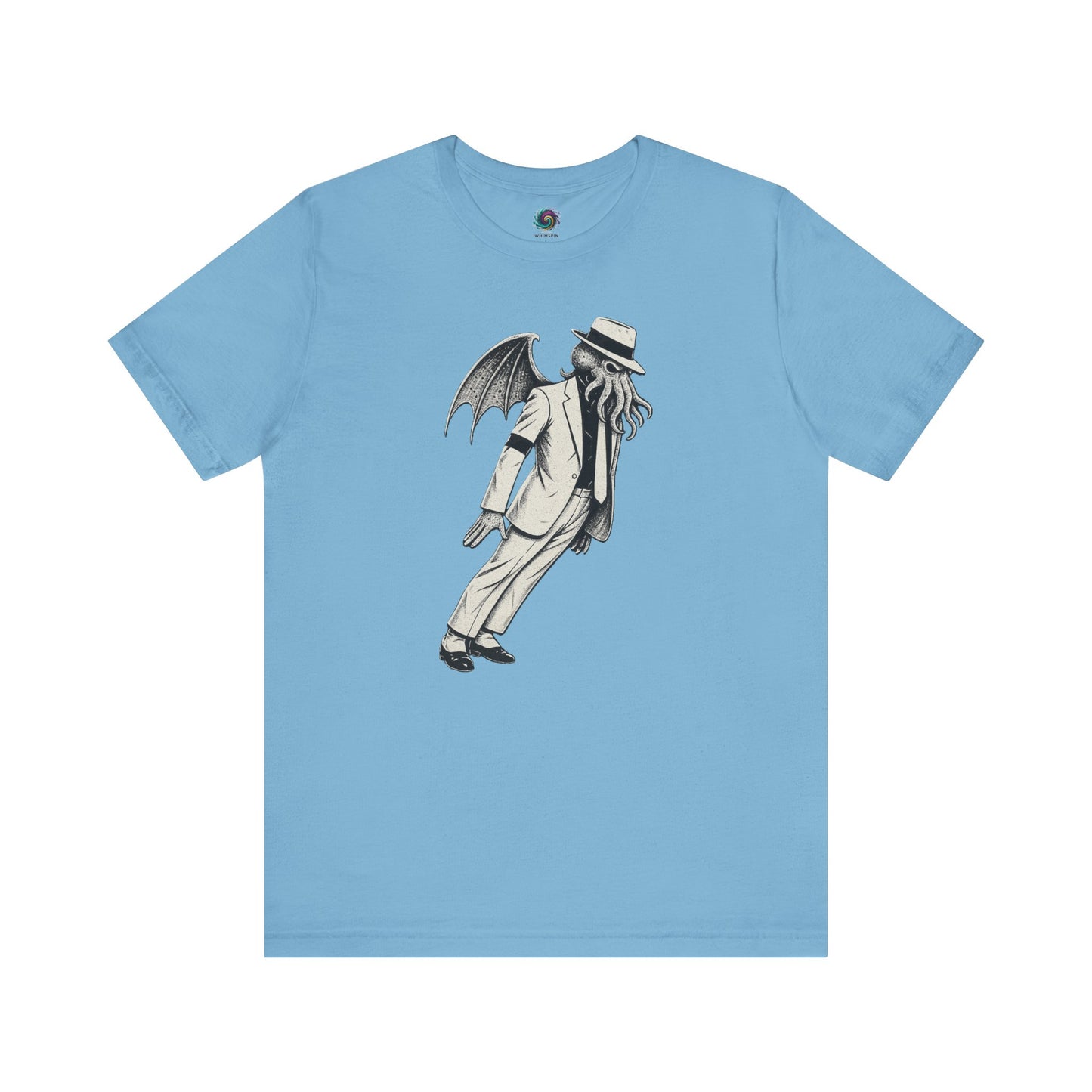 Smooth Cthulhu Unisex T-Shirt – Lovecraft Meets Smooth Criminal Style in ocean blue, flat lay parody Cthulhu mash-up shirt.