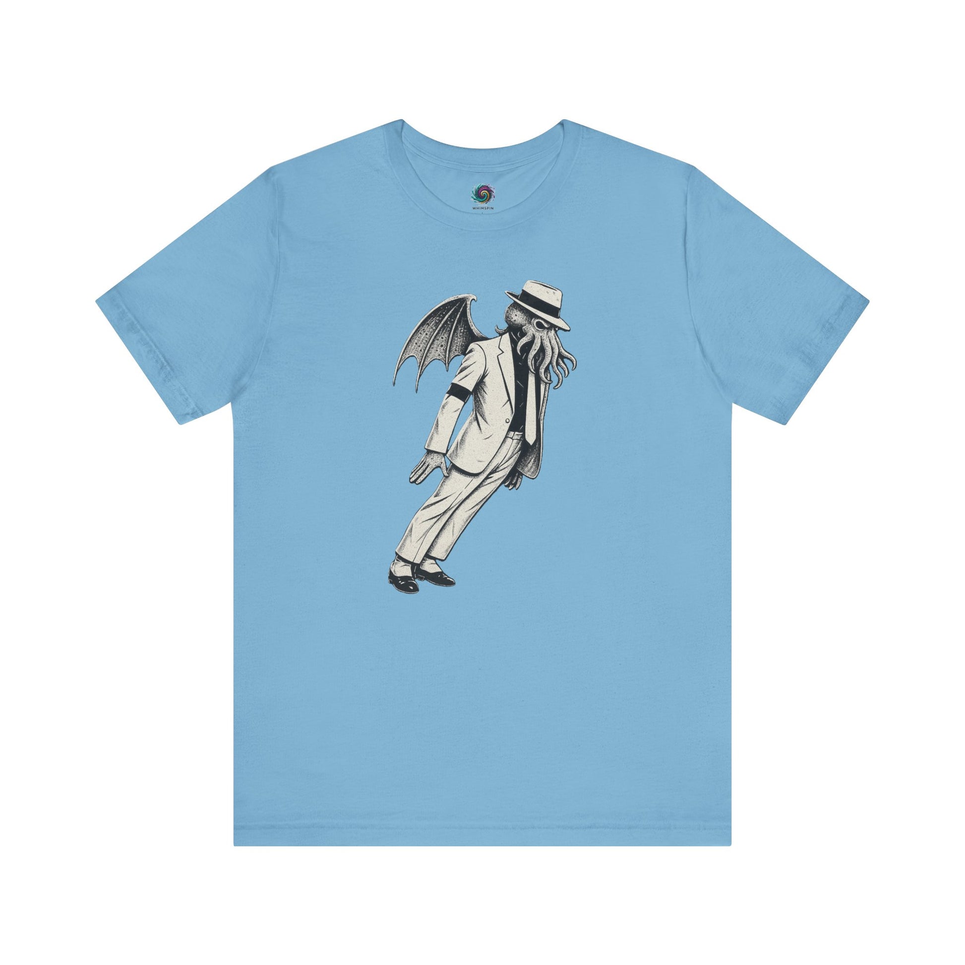 Smooth Cthulhu Unisex T-Shirt – Lovecraft Meets Smooth Criminal Style in ocean blue, flat lay parody Cthulhu mash-up shirt.