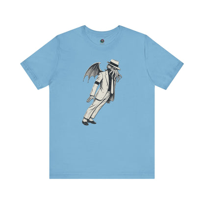 Smooth Cthulhu Unisex T-Shirt – Lovecraft Meets Smooth Criminal Style in ocean blue, flat lay parody Cthulhu mash-up shirt.