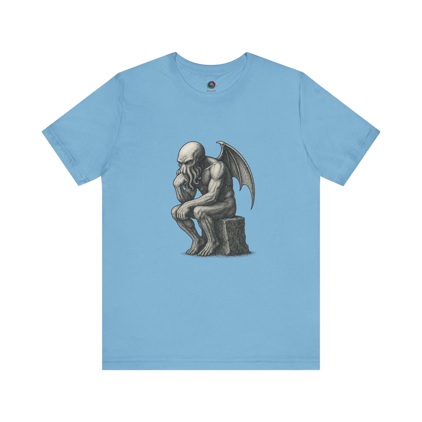 The Thinker Cthulhu Shirt – Lovecraftian Funny T-Shirt Unisex Graphic Tee in ocean blue with a comically dark Cthulhu statue illustration.