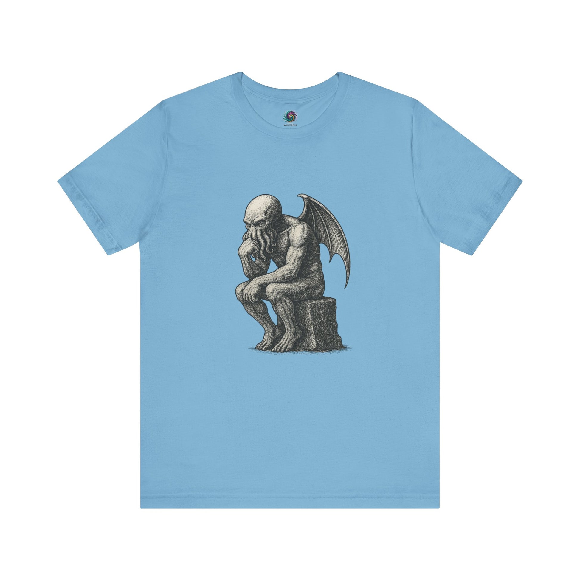 The Thinker Cthulhu Shirt – Lovecraftian Funny T-Shirt Unisex Graphic Tee in ocean blue with a comically dark Cthulhu statue illustration.
