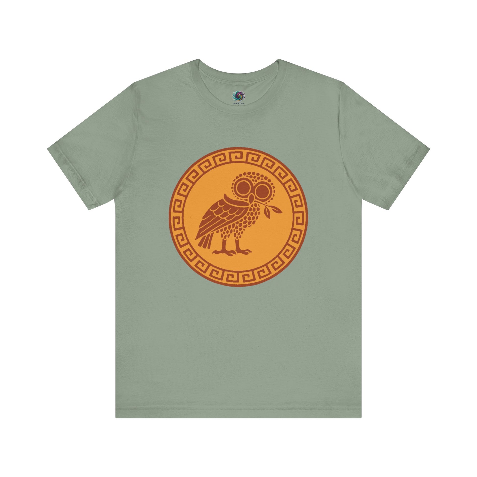 Athena’s Owl T-Shirt in sage green, echoing the olive branches of Athens and the quiet power of Athena’s owl familiar.