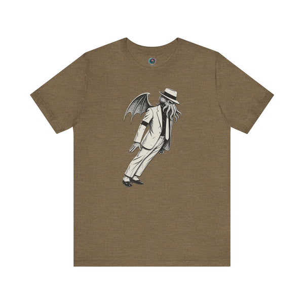 Smooth Cthulhu Unisex T-Shirt – Lovecraft Meets Smooth Criminal Style in heather olive, flat lay parody Smooth Cthulhu tee