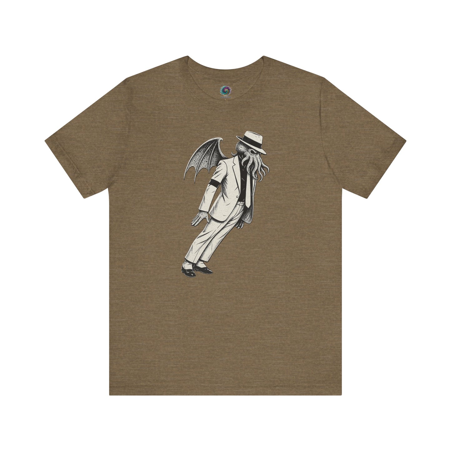 Smooth Cthulhu Unisex T-Shirt – Lovecraft Meets Smooth Criminal Style in heather olive, flat lay parody Smooth Cthulhu tee