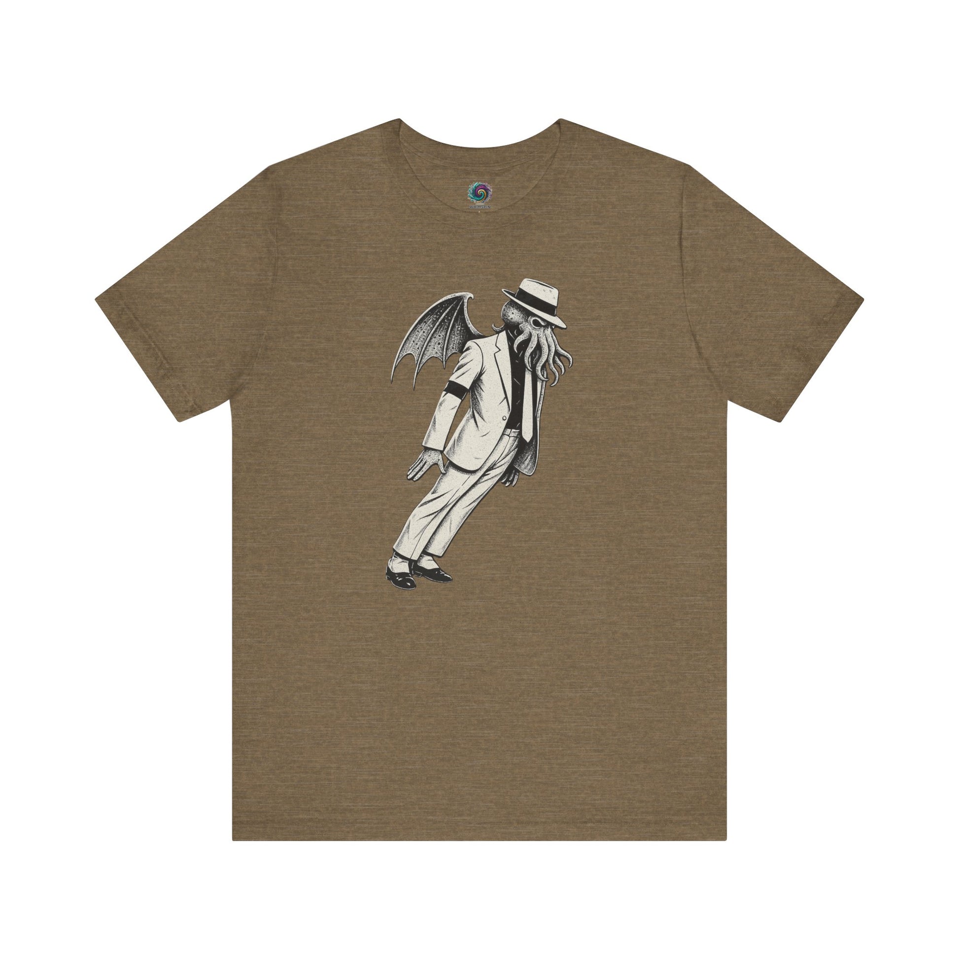 Smooth Cthulhu Unisex T-Shirt – Lovecraft Meets Smooth Criminal Style in heather olive, flat lay parody Smooth Cthulhu tee