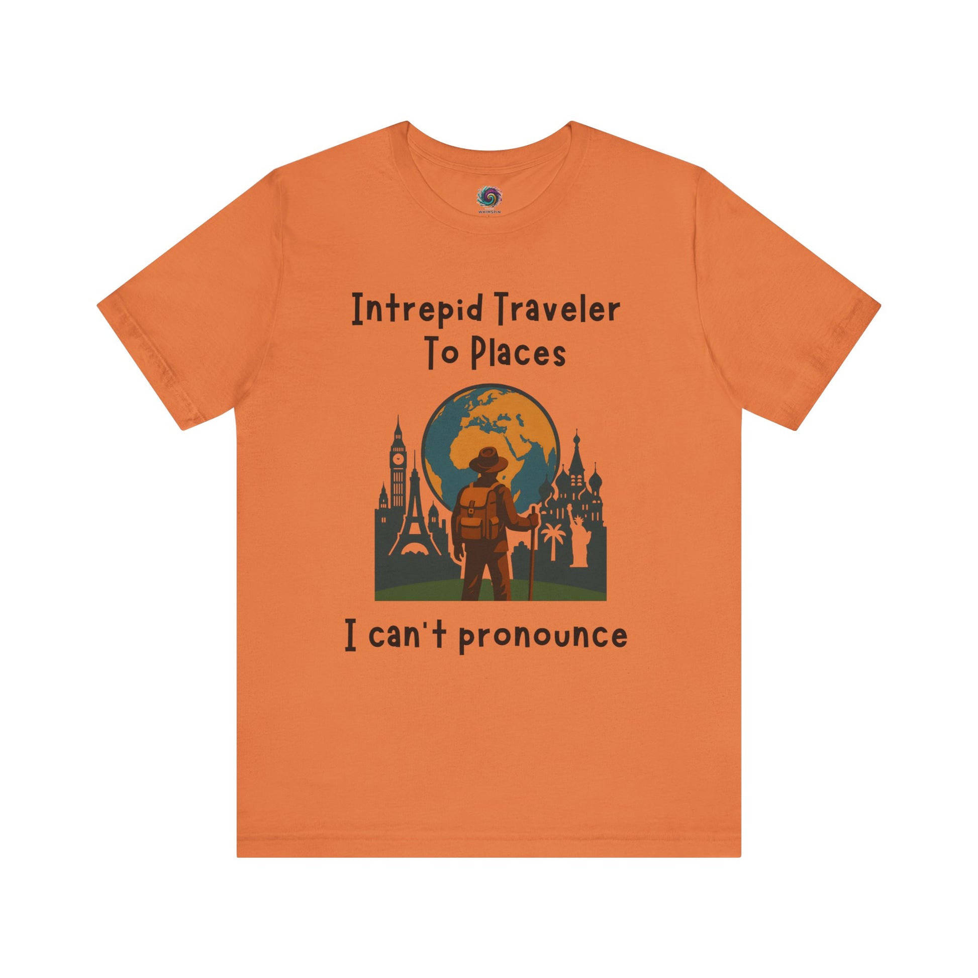 Orange t-shirt with travel-themed design and text on a white background