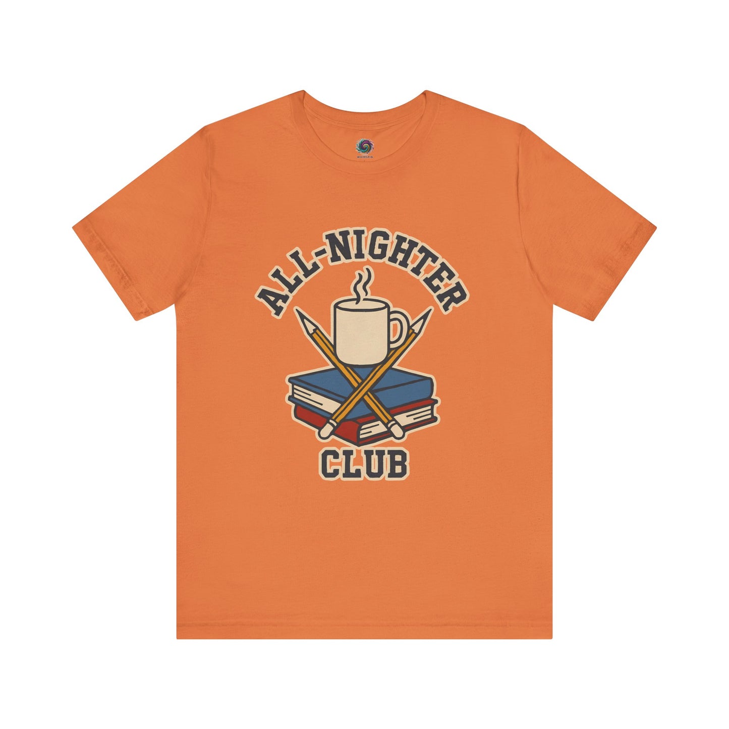 Orange t-shirt with 'All-Nighter Club' graphic design featuring a mug, books, and crossed sticks on a white background. All-Nighter Club T-Shirt – Funny Caffeine & Study Tee for Night Owls