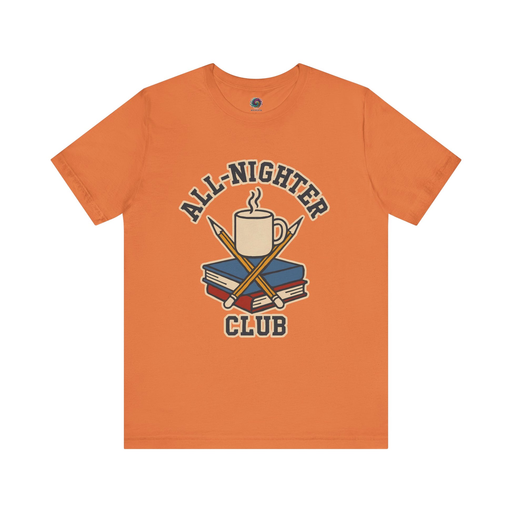 Orange t-shirt with 'All-Nighter Club' graphic design featuring a mug, books, and crossed sticks on a white background. All-Nighter Club T-Shirt – Funny Caffeine & Study Tee for Night Owls