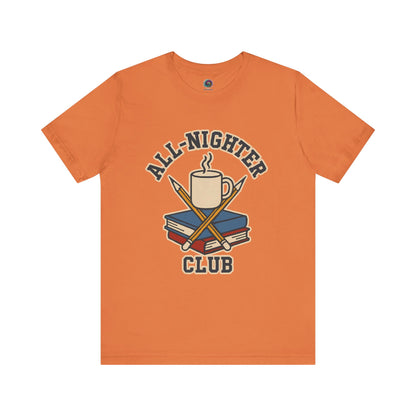 Orange t-shirt with 'All-Nighter Club' graphic design featuring a mug, books, and crossed sticks on a white background. All-Nighter Club T-Shirt – Funny Caffeine & Study Tee for Night Owls