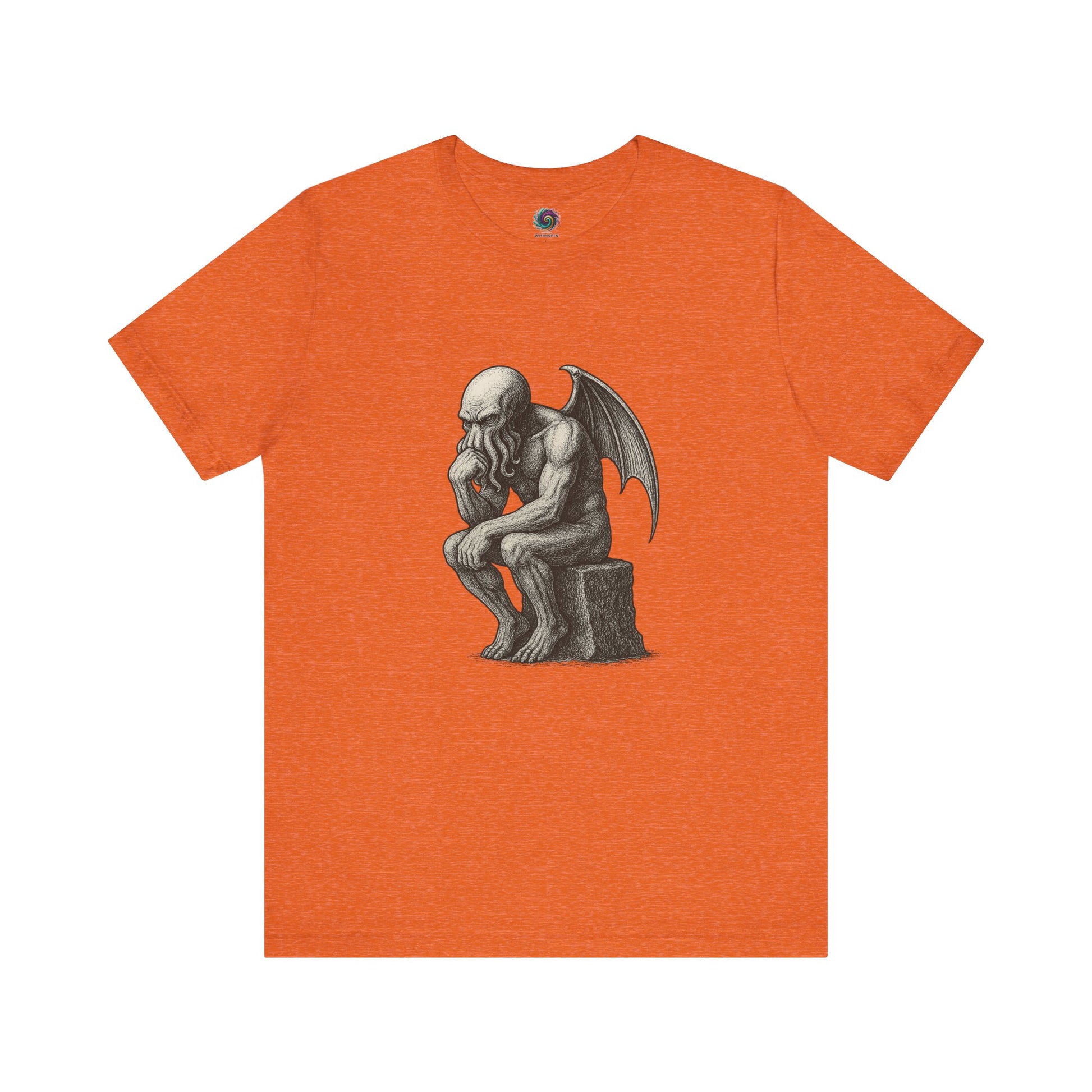 The Thinker Cthulhu Shirt – Lovecraftian Funny T-Shirt Unisex Graphic Tee in orange featuring a humorous take on The Thinker with a tentacled twist.