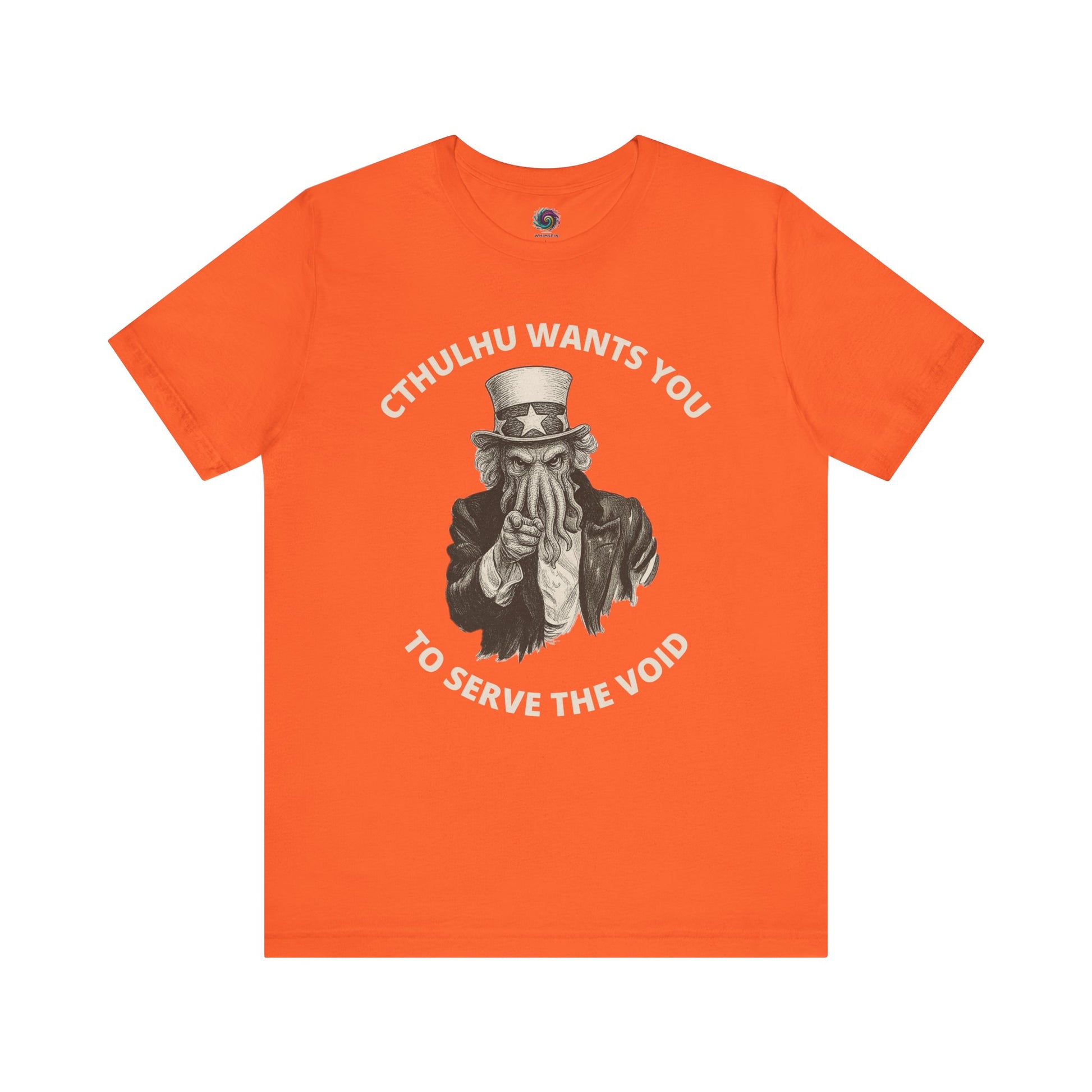 Cthulhu Wants You T-Shirt – Mythos Horror Tee for Lovecraft Fans in orange with bold Cthulhu t-shirt design parodying Uncle Sam’s iconic poster.