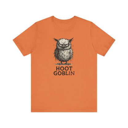 Orange owl t-shirt with 'Hoot Goblin' graphic on a white background