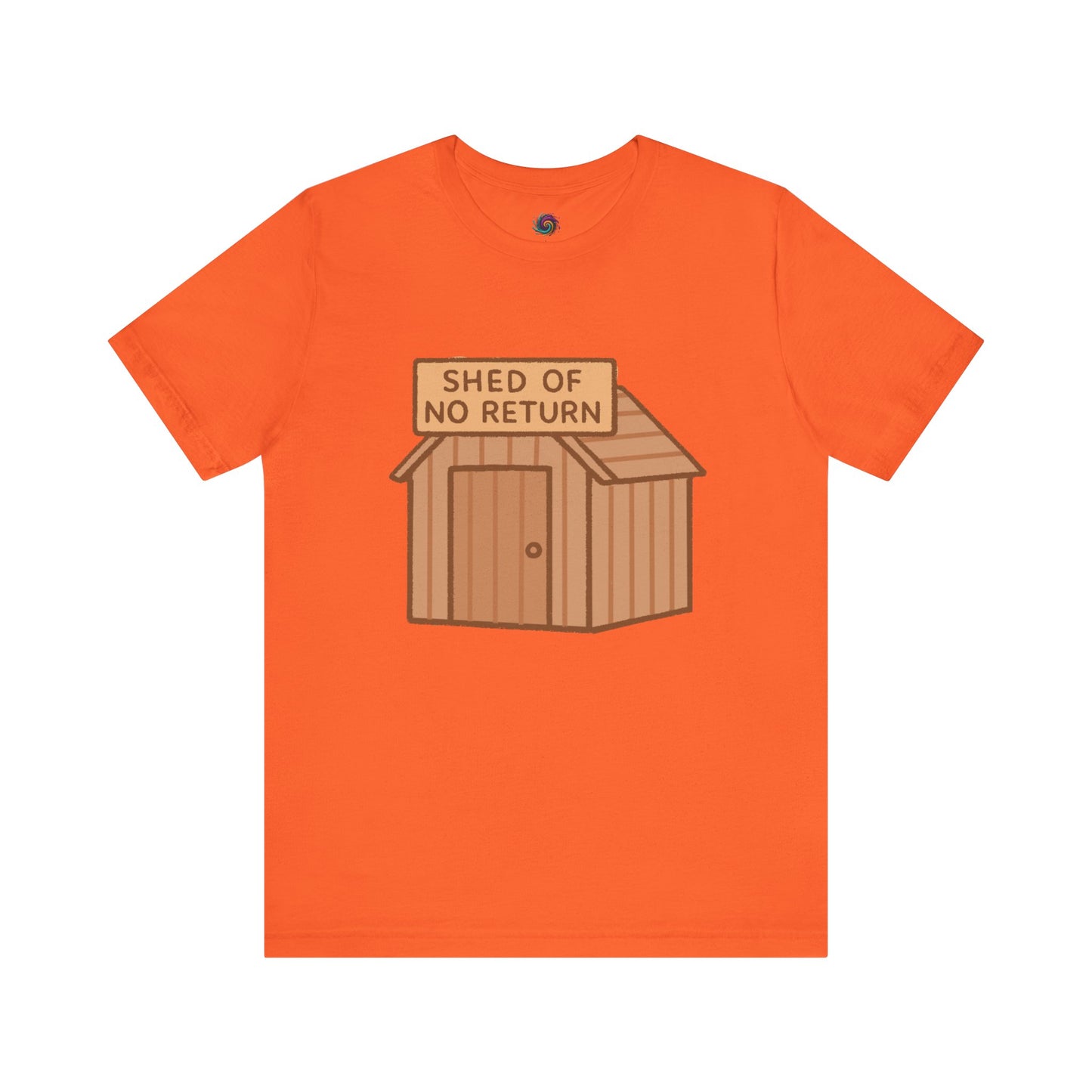 Orange Shed of No Returns T shirt from Whimspin lay-flat image on a white background