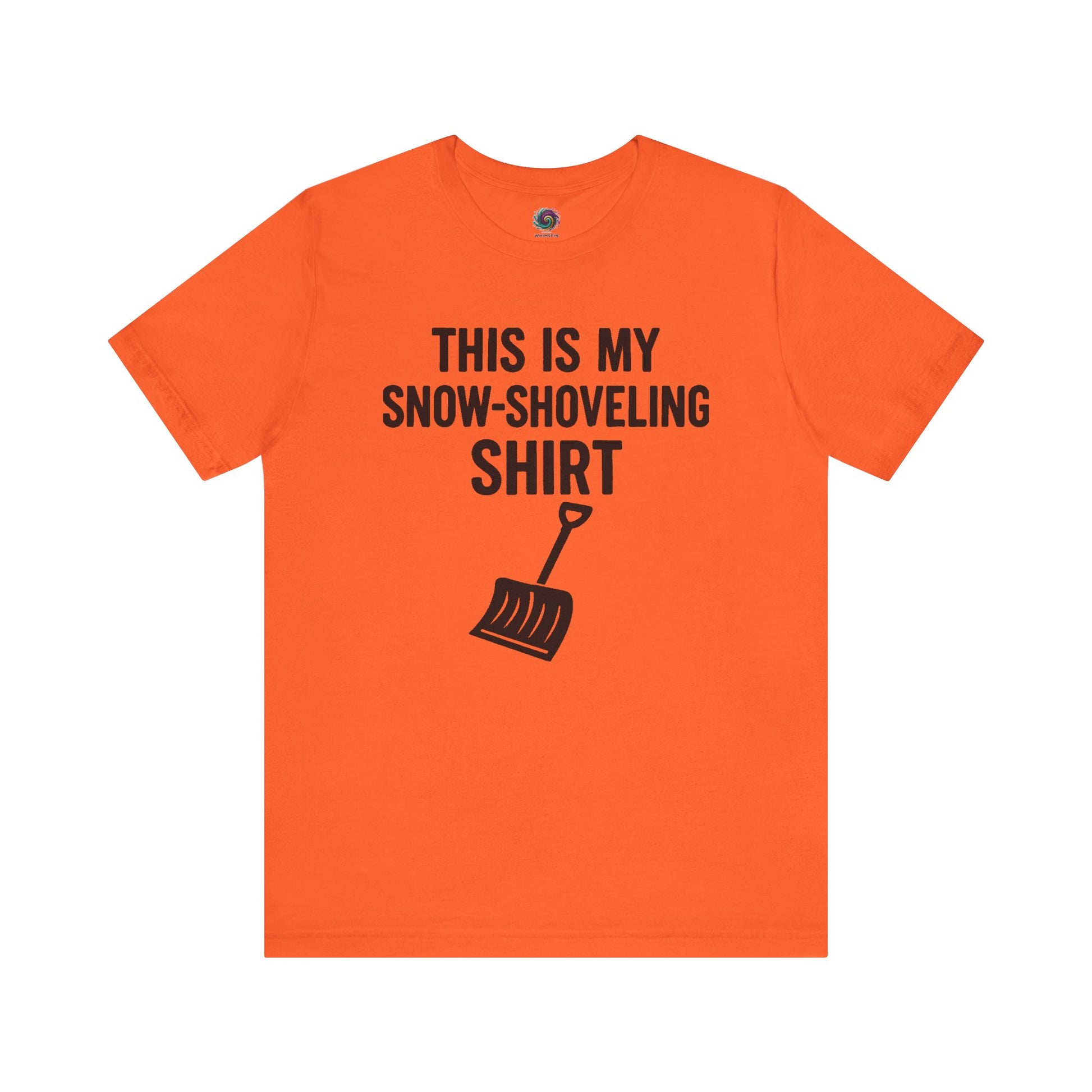 This Is My Snow Shoveling Shirt – Funny Winter Chore Tee in Orange, featuring the playful winter message and shovel icon clearly printed.