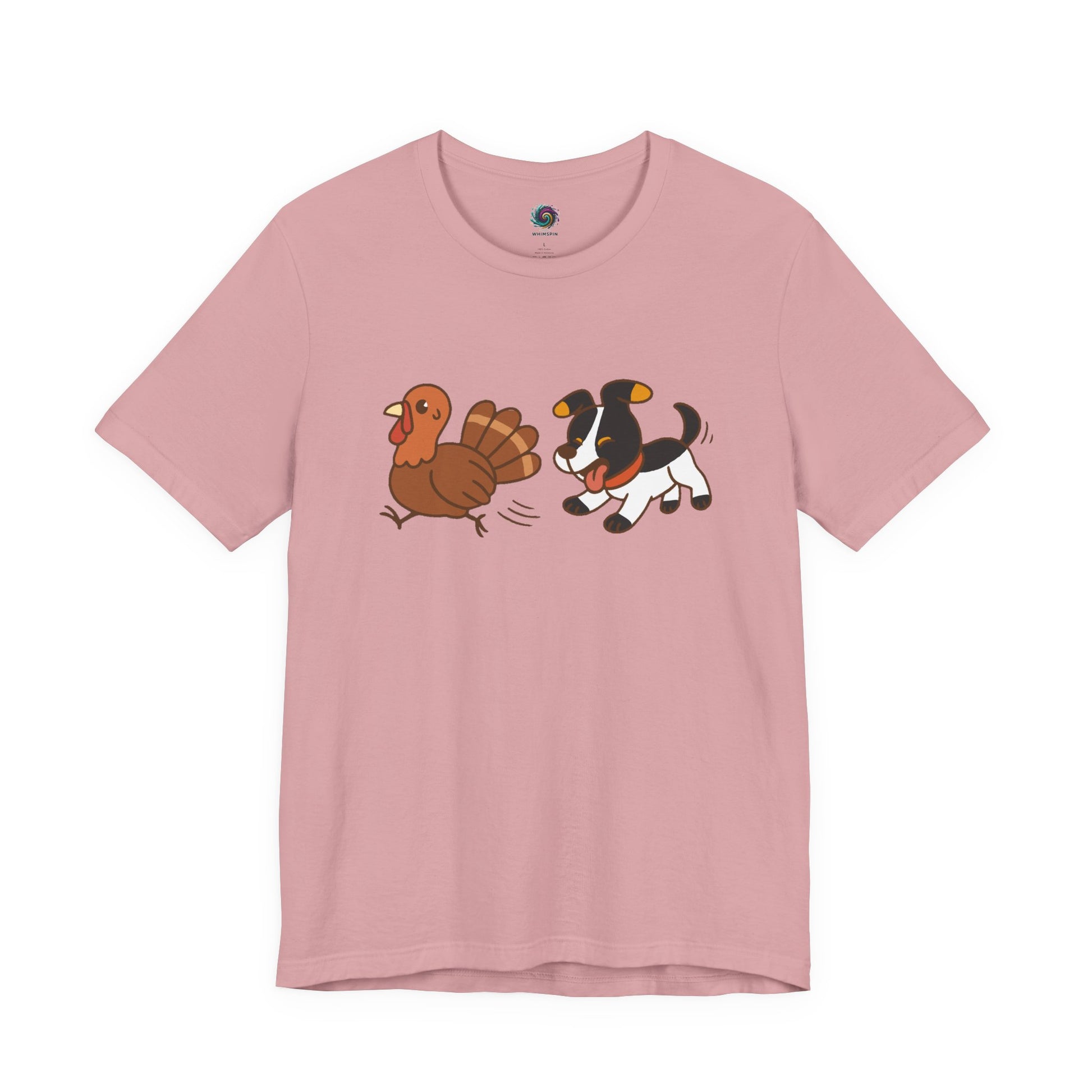Dog Chasing Turkey T-Shirt – Funny Thanksgiving Dog Tee in orchid with silly holiday cartoon graphic